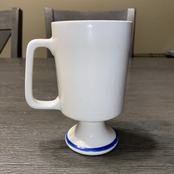 Vintage Square Handle Footed Pedestal Coffee Cup 1970s Paisley Fruit Design Blue - Picture 3 of 6